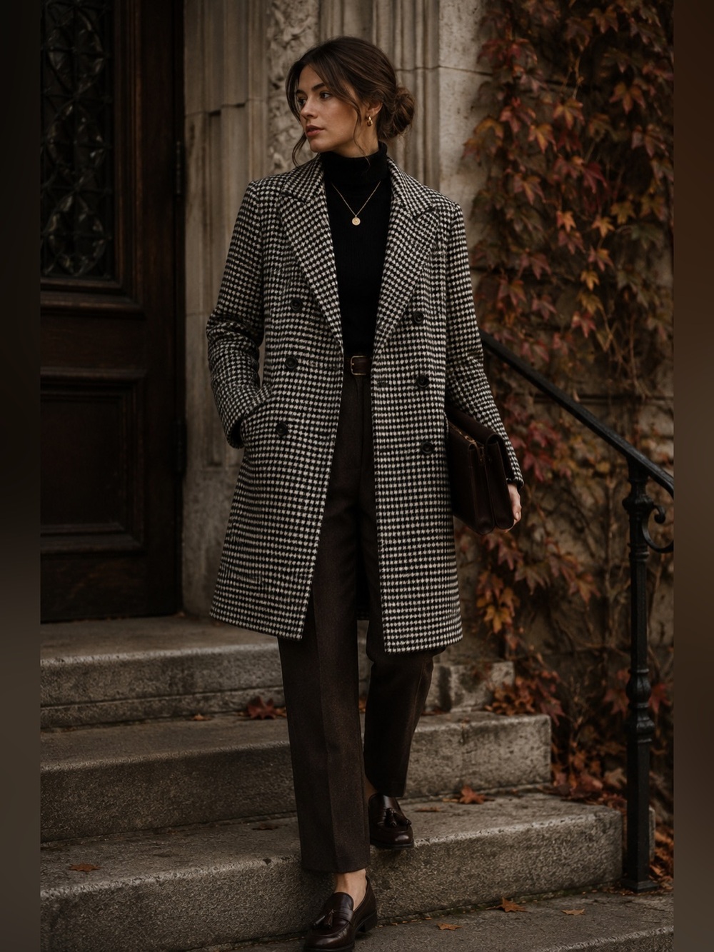 Topshop Houndstooth Wool Blend Double Breasted Coat Black White US 2